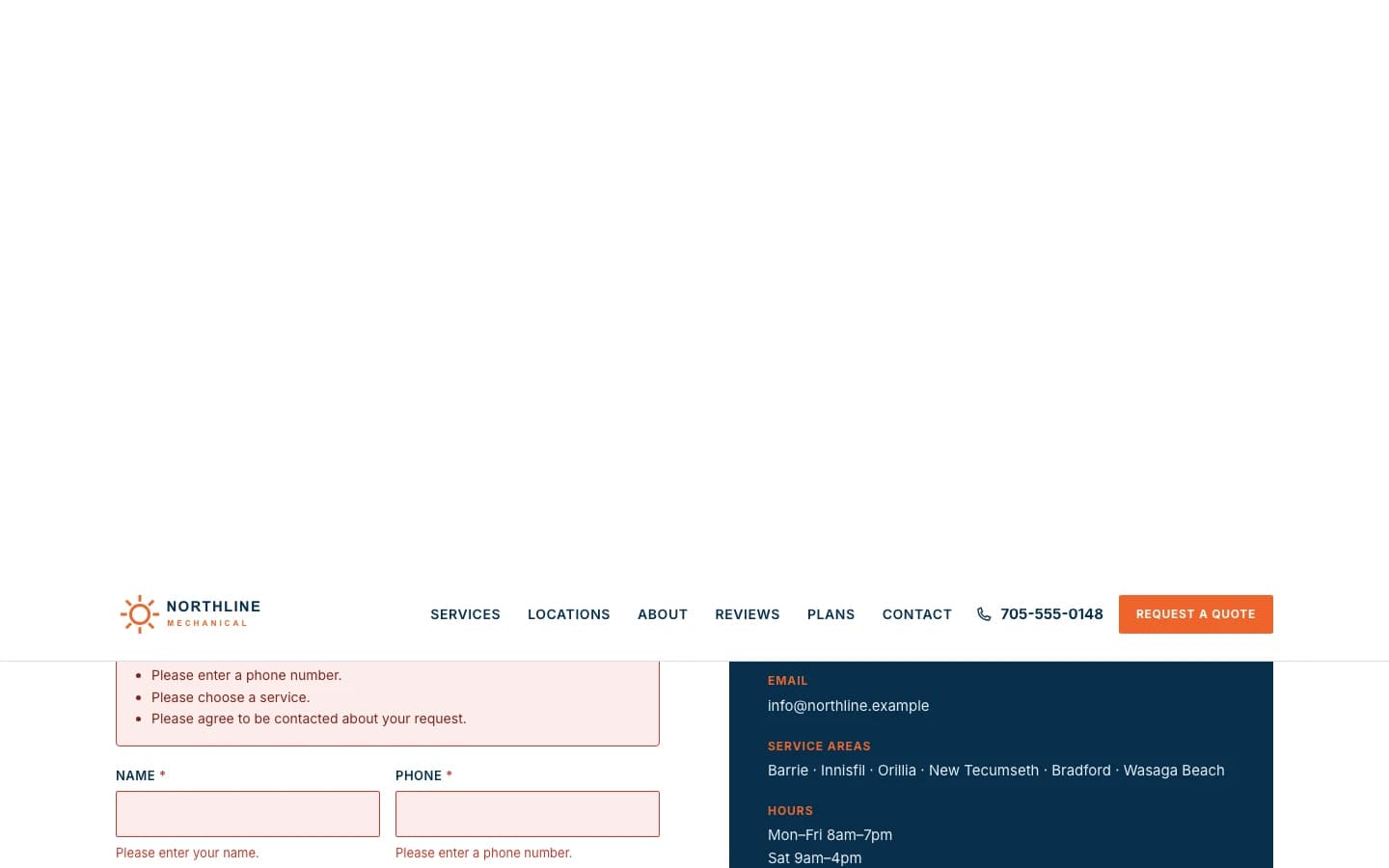 The quote form showing accessible inline validation errors