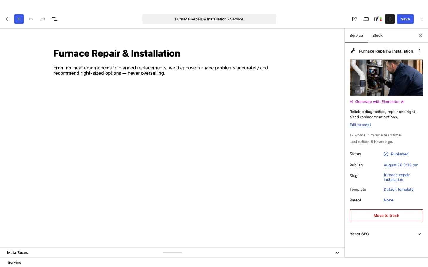 Editing a Service record in the WordPress admin