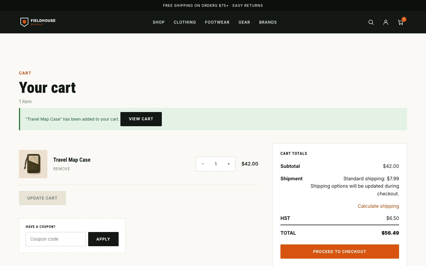WooCommerce cart with a demo product and order totals