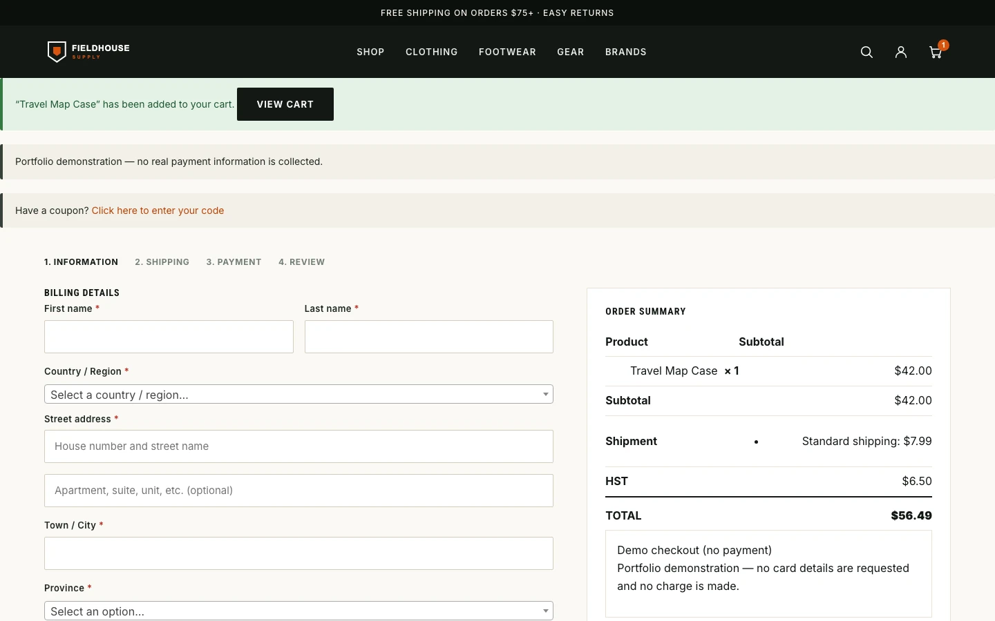 Sandbox checkout clearly labelled as a demonstration with no payment