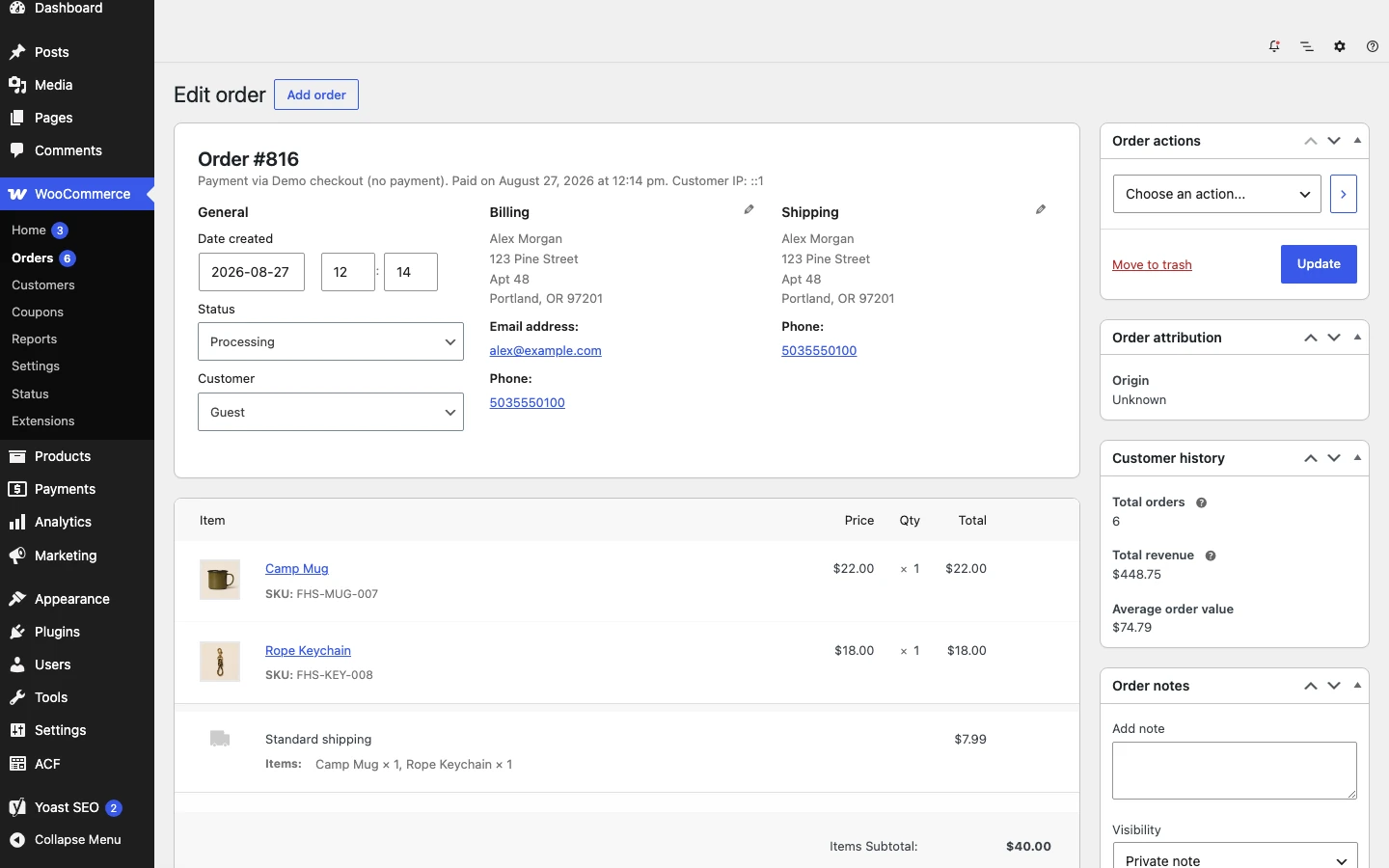 A seeded sandbox WooCommerce order in the WordPress admin