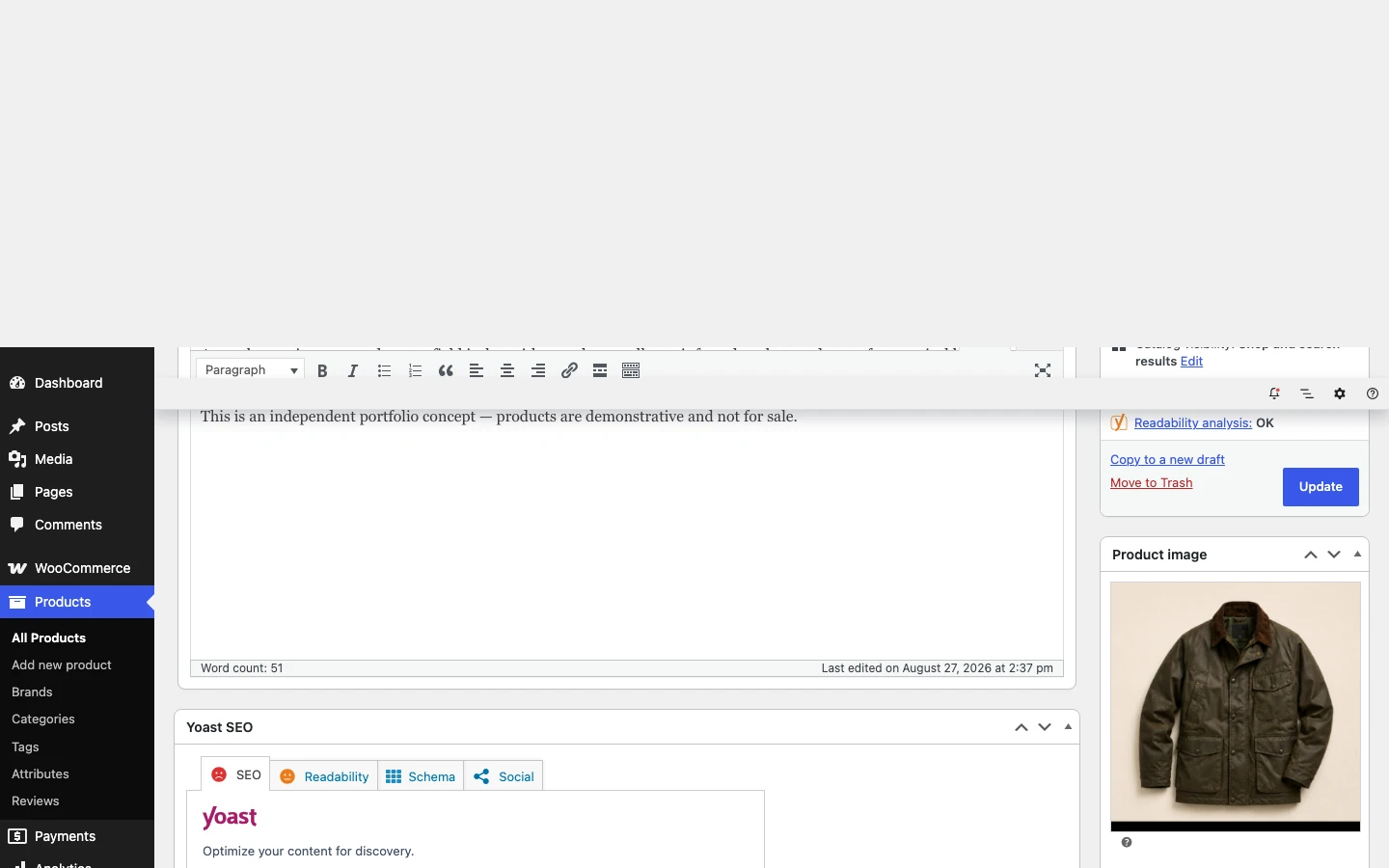 Editing the Field Waxed Jacket in the WooCommerce product admin