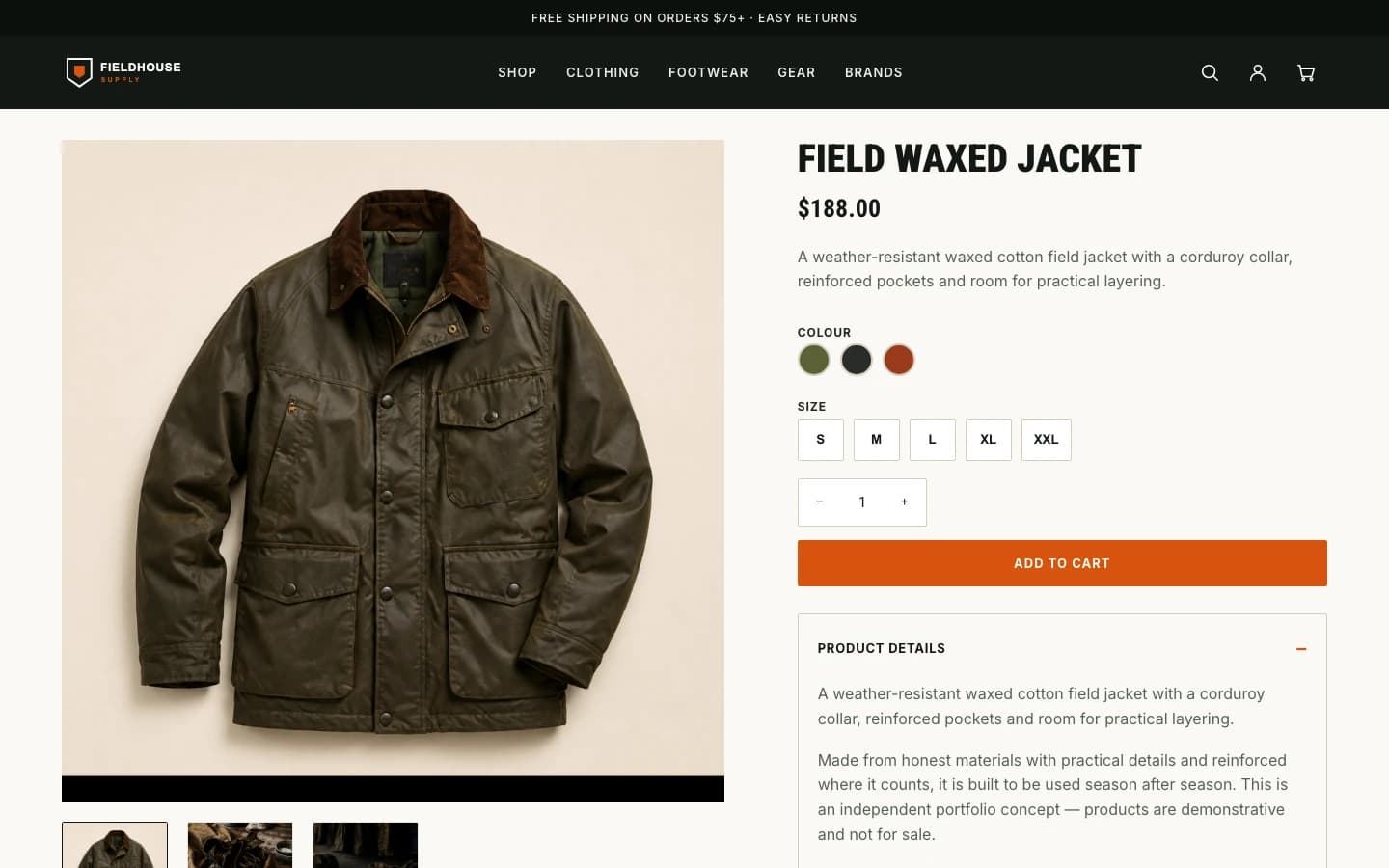 Field Waxed Jacket product page with variations and price