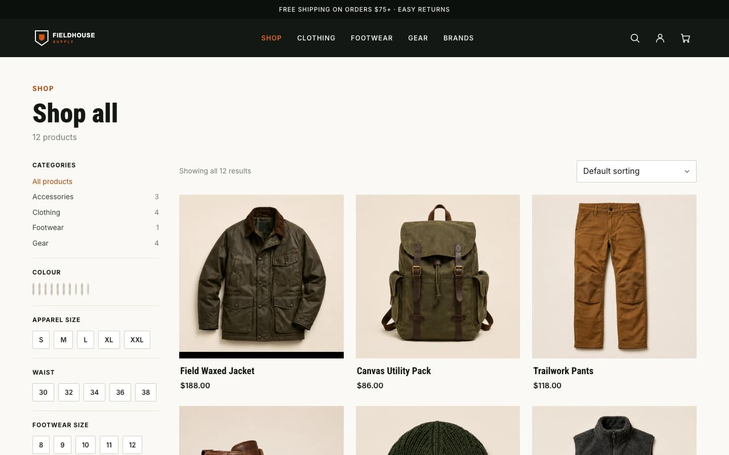 Fieldhouse shop archive with category and attribute filters