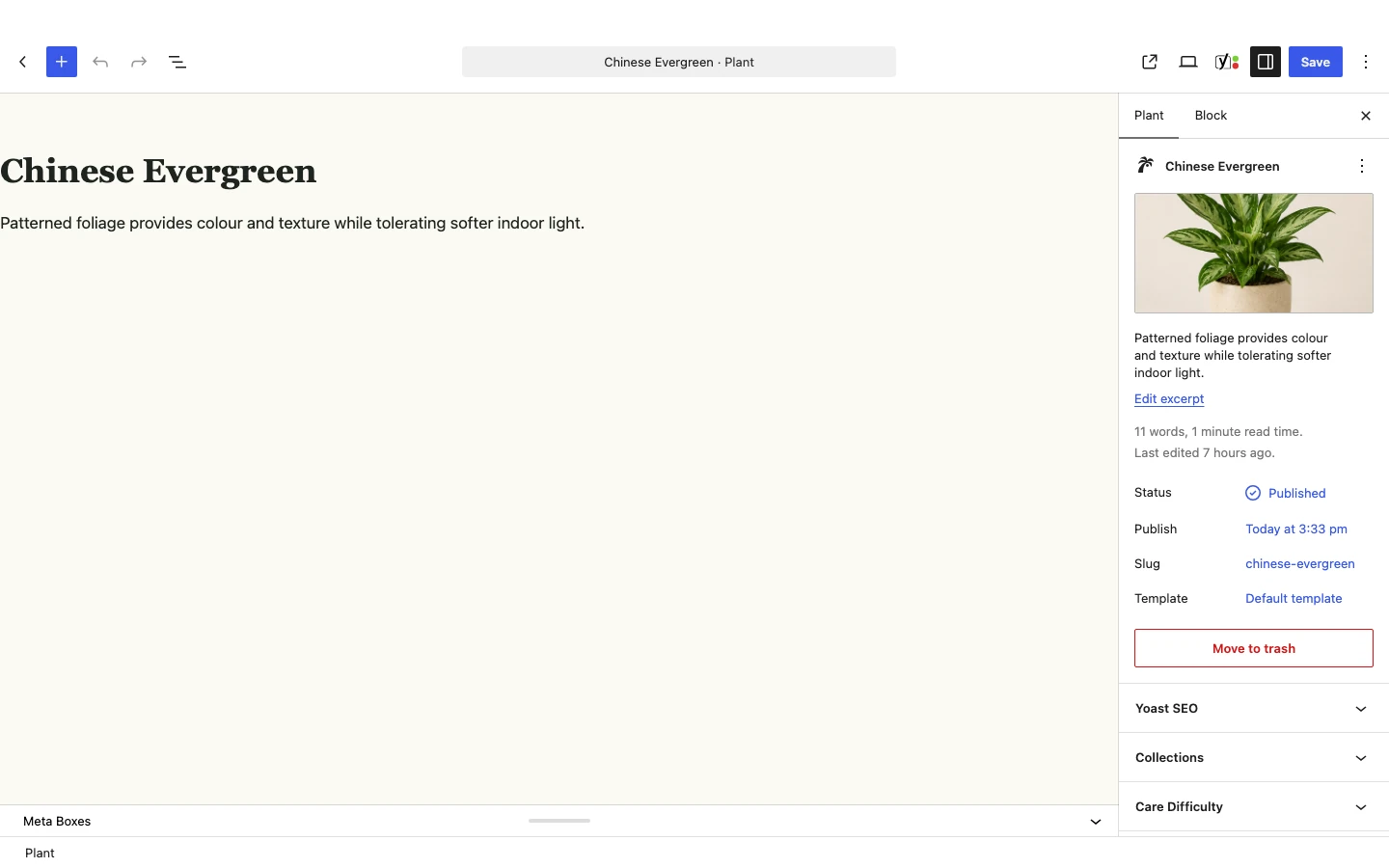 Editing a Plant custom post type in the WordPress admin