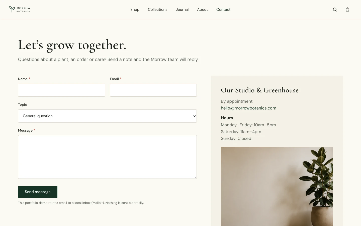 The Morrow Botanics contact page with an accessible enquiry form