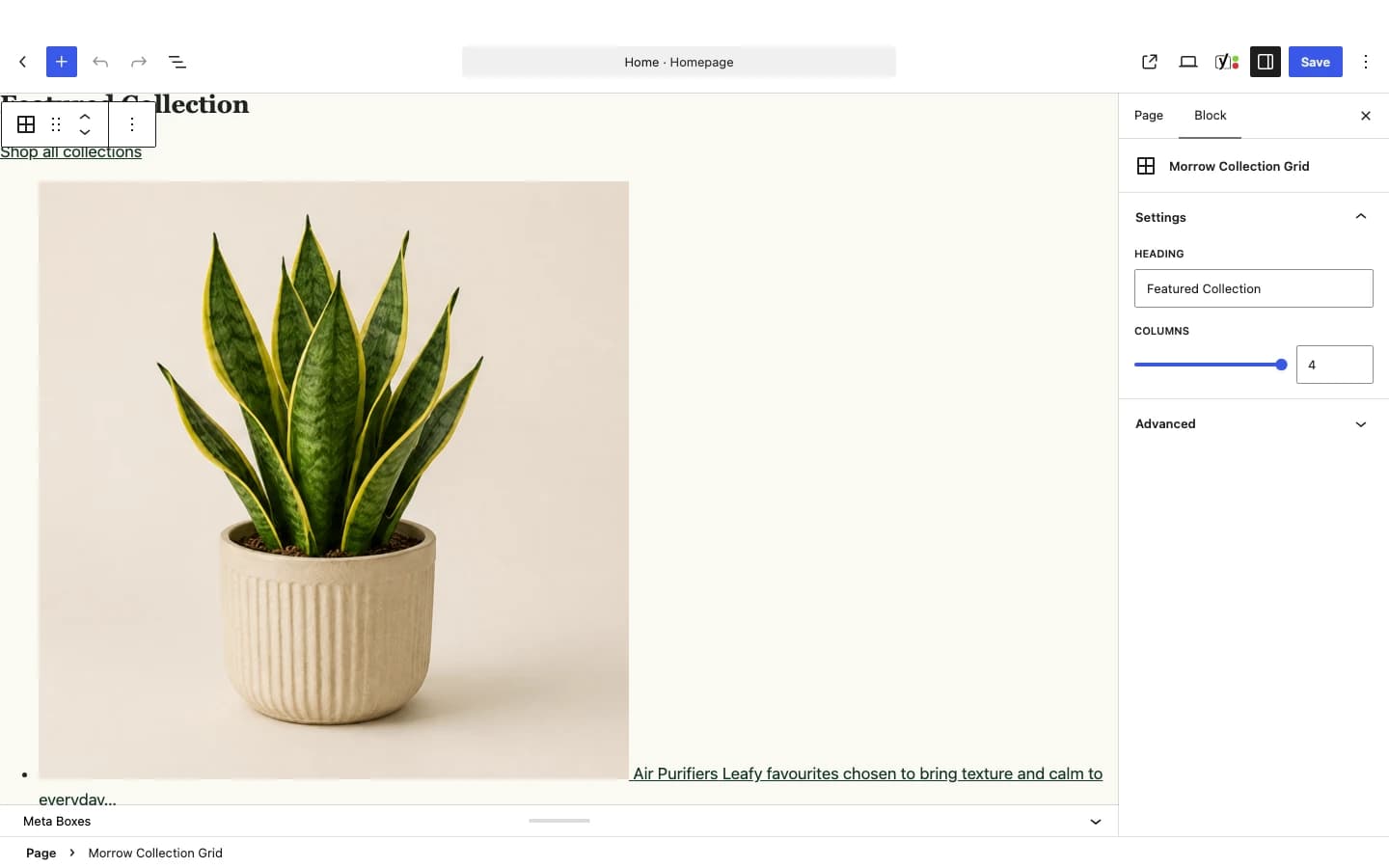 Custom Morrow Collection Grid block selected in the Gutenberg editor with inspector controls