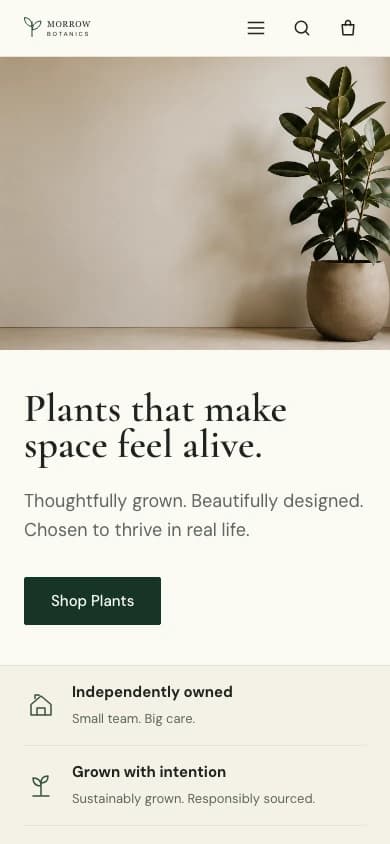 Morrow Botanics homepage on a mobile phone
